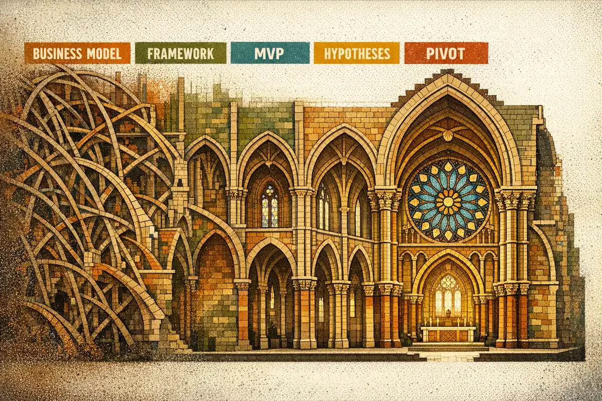 Translating Founder Vision into Early Business Models 5 A founder team mapping their MVP and business model on a whiteboard, surrounded by sticky notes and laptops