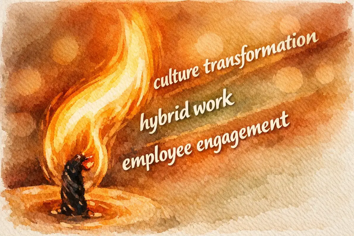 Designing Hybrid Work Models to Support Culture and Productivity 4 A group of professionals at a conference table, collaborating and aligning over documents and digital displays
