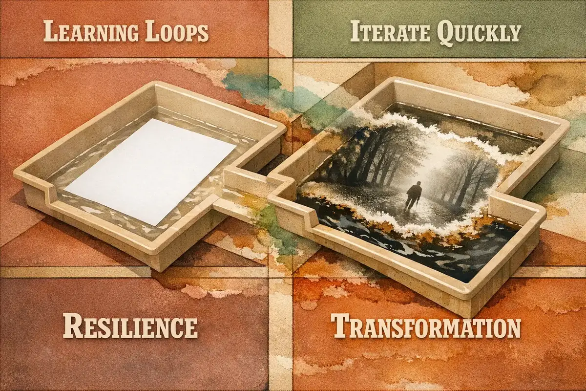 Making Strategic Decisions Under High Uncertainty 6 Team reflecting in a collaborative coaching circle, post-it notes and cards visible