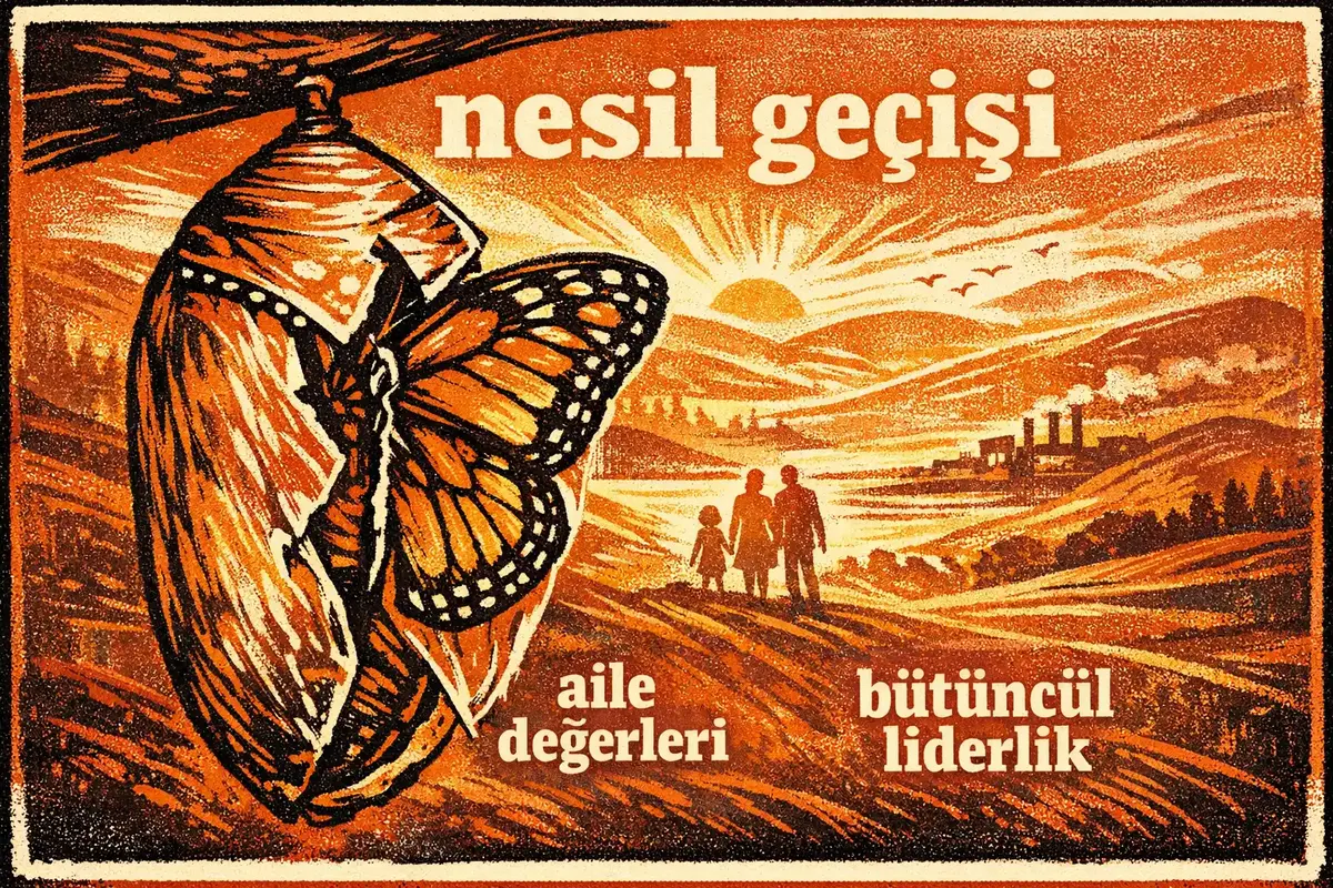 Aile Şirketi C-Suite (2. ve 3. Nesil) için Bütüncül Liderlik 4 Aile şirketlerinde nesil geçişi ve liderlik zorluklarını simgeleyen bir toplantı sahnesi