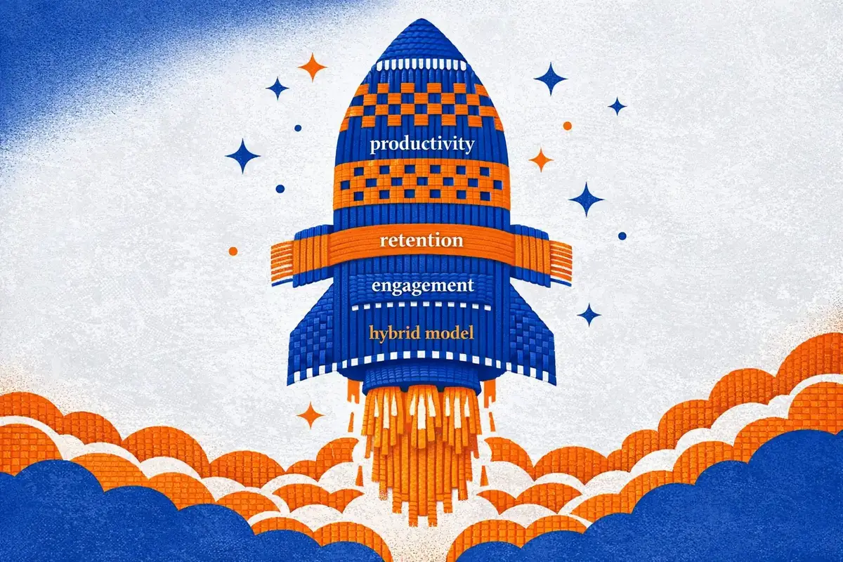 Designing Hybrid Work Models to Support Culture and Productivity 5 Colleagues collaborating around a wall of sticky notes, visually mapping team objectives and dependencies