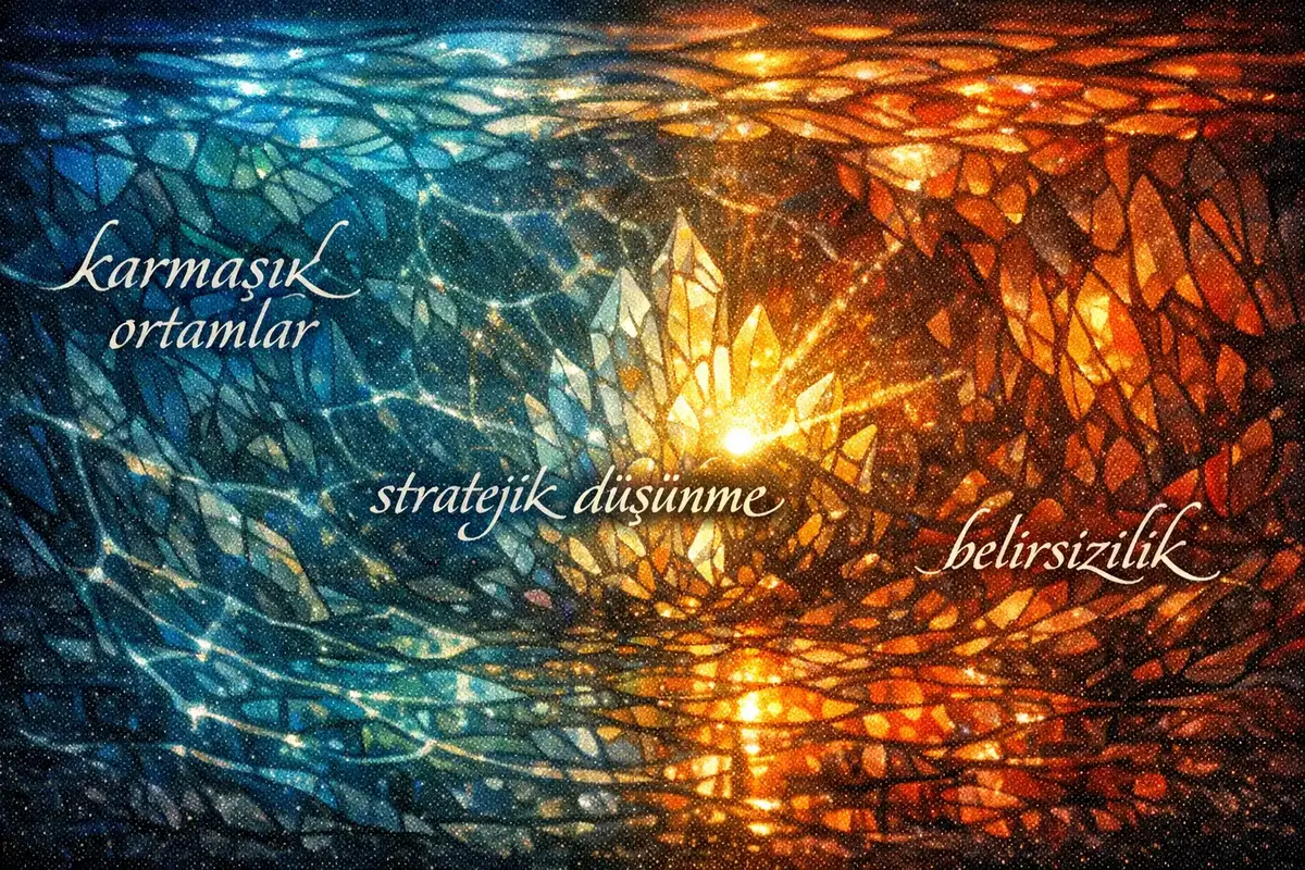 Liderlikte Stratejik Karar Alma ve Kompleksite Yönetimi 4 Bir liderin sistem düşüncesiyle karmaşık bir organizasyon şeması üzerinde çalışmasını gösteren illüstrasyon